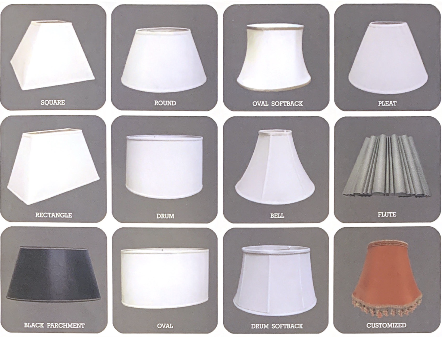 Diagram of lampshade shapes from top right to left: square, round, oval softback, pleat, rectangle, drum, bell, flute, black parchment, oval, drum softback, customized.